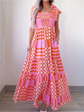 Pink & Orange Patchwork Maxi Dress Tie Strap Summer Dress Beach Vacation Dress